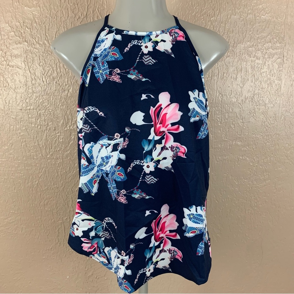 Style Dome Navy Floral Halter Tank Top